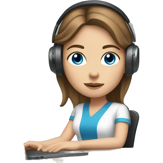 white girl at desk, brown hair, blue eyes, computer, headphones emoji