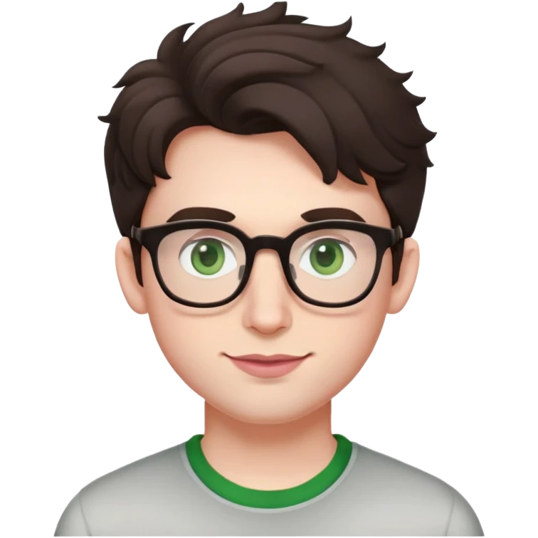 Young man with slightly curled dark brown poofy hair, green eyes wearing glasses, wide face with eyes set apart, bigger ears, very pale skin, slightly bigger nose, fuller darker pink lips with a smile, and very light stubble emoji