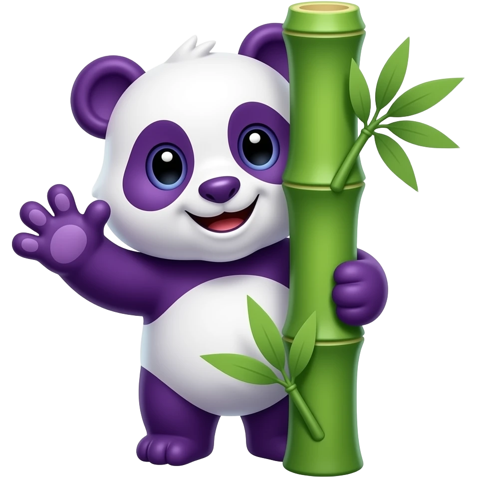 A purple panda mascot peeking out from behind a thick bamboo stalk, waving one paw. Wide, friendly eyes, vibrant contrast between the purple fur and green bamboo, thick outlines, 2D flat design, professional emoji style. emoji
