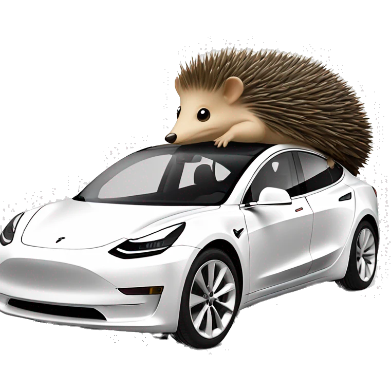 a tesla model 3 white with a hedgehog emoji