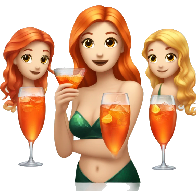 Three beautiful mermaids (blond, brown and red hair) drinking aperol emoji