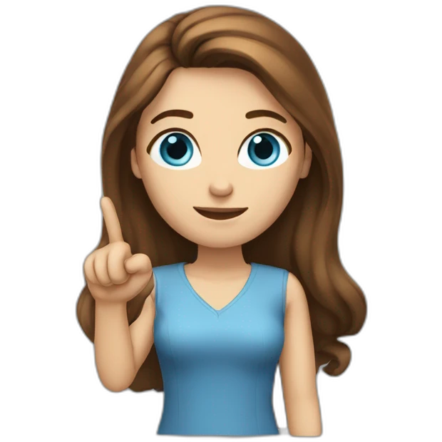 brown-haired woman with long hair, blue eyes shows her index finger emoji