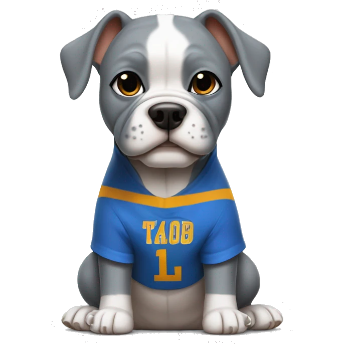 Gray Micro bully with cropped ears dog wearing a blue basketball jersey  emoji
