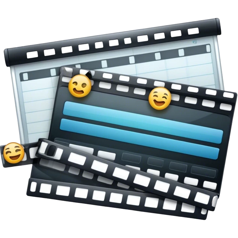 Create an emoji representing video editing. The design should feature a video editing software interface with a visible timeline, video clips, and audio tracks. Include elements like a film strip or a clapperboard to represent the filmmaking aspect. No smiley faces. Make the background transparent. emoji