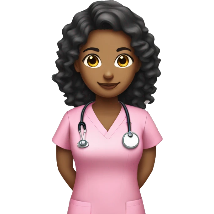 Light brown girl with long curly black hair wearing pink scrubs nurse emoji