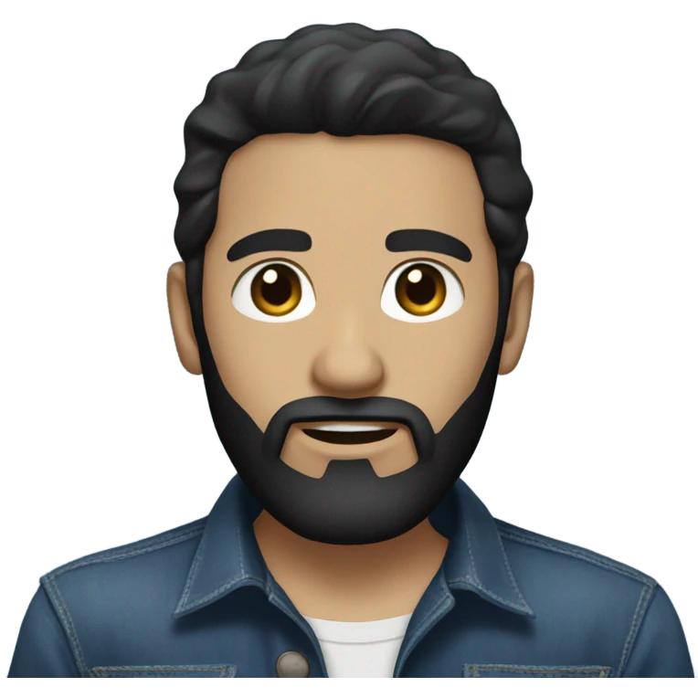 person with a black beard. No moustache. White skin tone. Nice black hair. Denim dark blue shirt emoji