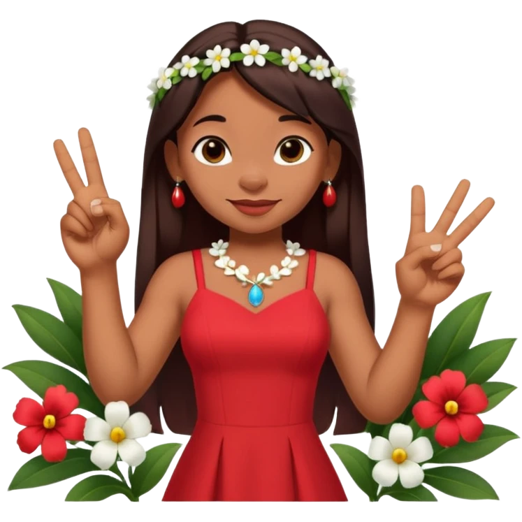 Lilo from Lilo & Stitch, in a red dress with white flowers, making a shaka sign emoji