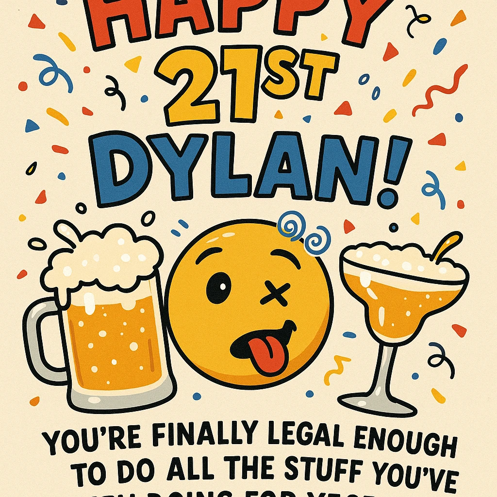 Funny 21st birthday card for Dylan featuring a tipsy emoji, overflowing drinks, headline 'Happy 21st Dylan!', confetti, bold playful fonts, and a joke about finally being legal. emoji