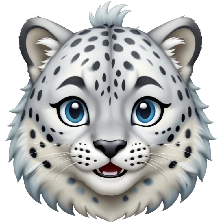 Cinematic-Comical-Snow-Leopard-Portrait-Emoji – Head tilted dramatically with an exaggeratedly amused expression, featuring a thick, spotted white-and-grey coat with a dense ruff around the neck, wide, piercing icy blue eyes filled with playful disbelief zoomed out showing the shoulders emoji