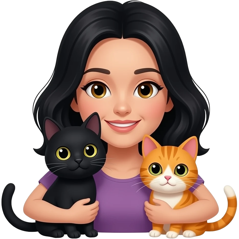 Crea una mujer de pelo negro abrazando a un gato negro y un gato naranja emoji