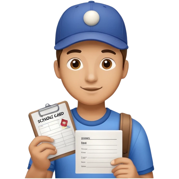 Man with a baseball cap holding a report card from scho emoji
