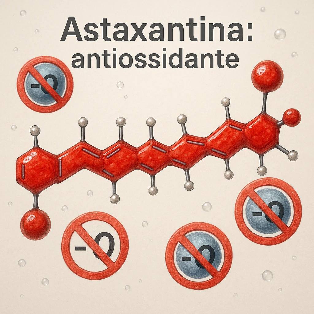 hyper realistic red astaxanthin molecule neutralizing free radicals, blocking radical symbols, scientific atmosphere, light background, text 'Astaxantina: antiossidante' emoji