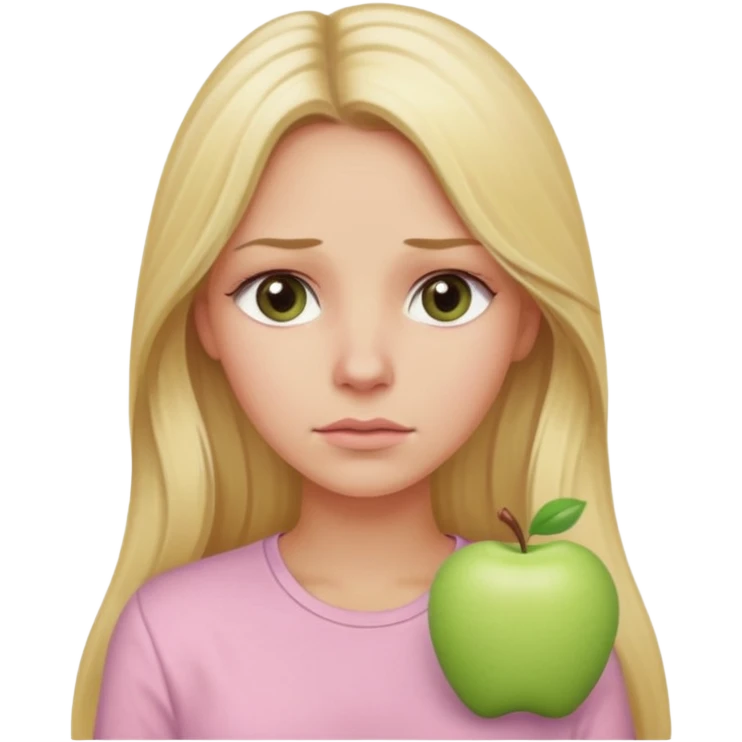 blonde with long hair and swamp-colored eyes, wearing a pastel pink shirt, thoughtful expression, iOS Apple emoji style emoji