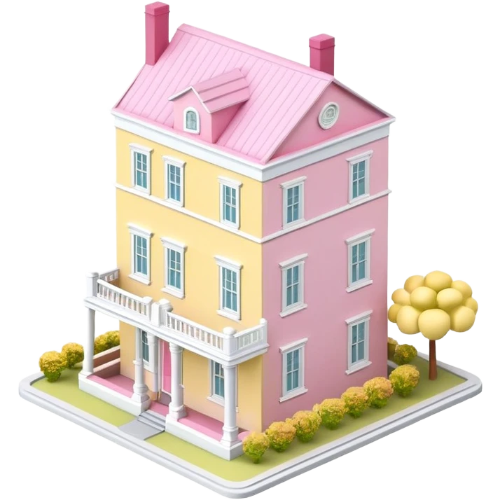 charleston pastel row home dollhouse, 3d isometric, realistic, pink and yellow emoji
