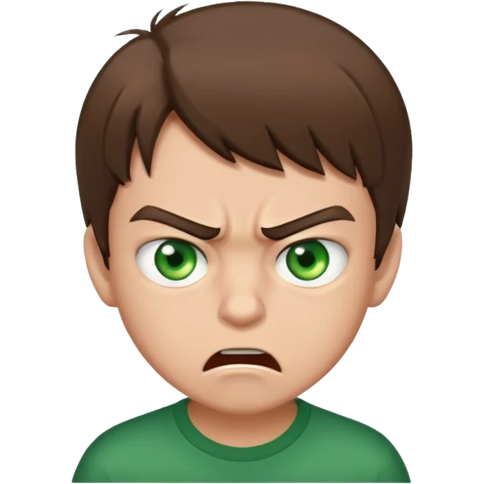 Boy 10 years old, with overgrown brown hair with green eyes, angry, shows fuck emoji