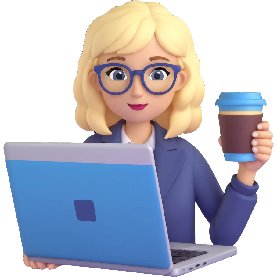 A girl with blonde hair and blue hair wearing glasses holds a laptop and a glass of coffee emoji