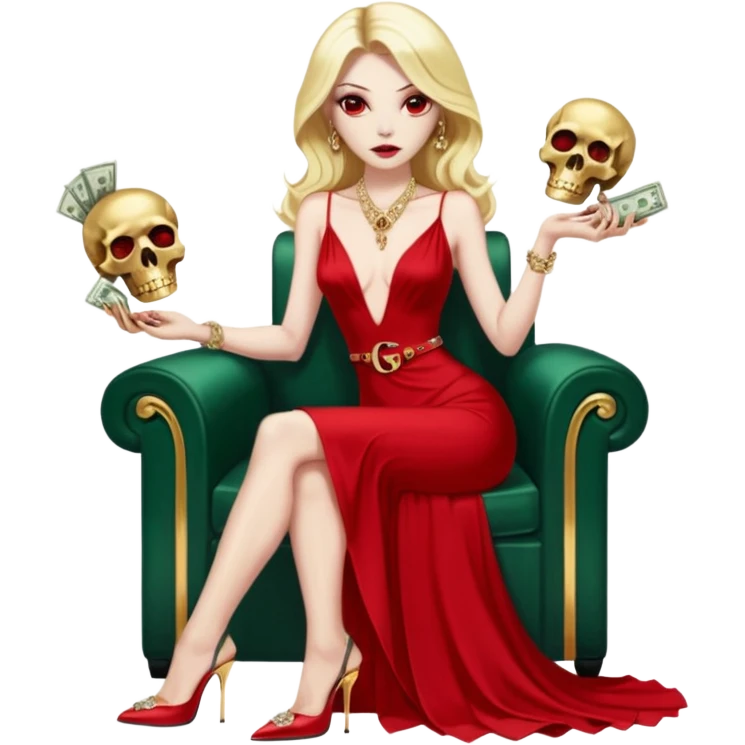 Lilith symbol red eye seductress evil shoulder length blonde haired sexy succubus woman with Gucci  long dress with slit, sitting on of gold and diamonds. Black Platform high heels on feet. seat full of stacks of cash,  dead human skull of her enemies in her other hand emoji