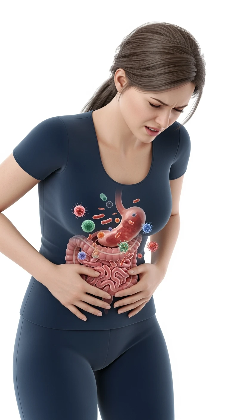 DONNA CON MAL DI PANCIA E INTESTINO UMANO ANATOMICO VISIBILE, BATTERI INTESTINALI FLUTTUANO INTORNO, IPERREALISTICO 4K, SFONDO BIANCO emoji