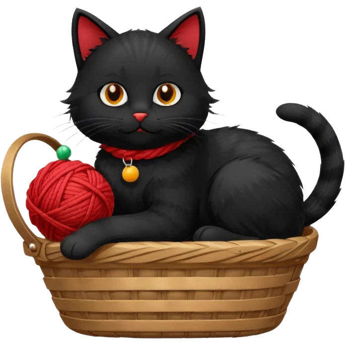 A playful black cat in a basket edge, playing with a yarn ball. emoji