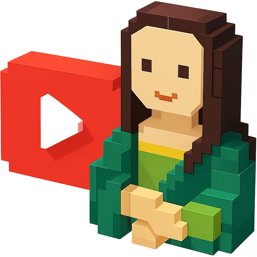 voxel-style Mona Lisa with a large YouTube play button in the background, isometric view emoji