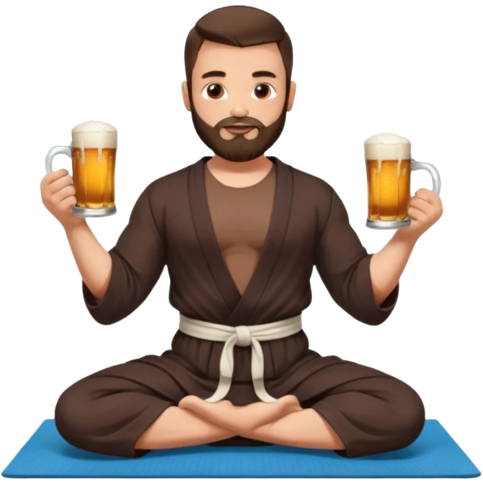 slavic muscled guy with dark brown hair and beard, sitting in yoga pose on a mat, dark colors robe, long and volume dark hair, holding beer mugs in two hands, sitting emoji