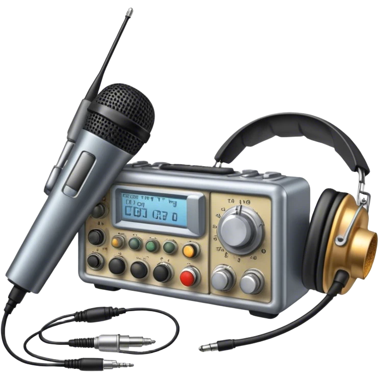 A photorealistic icon featuring a ham radio transceiver, headphones, microphone, antenna, and radio equipment like soldering tools and cables. The design includes detailed textures and realistic lighting, symbolizing the passion for amateur radio and communication. Transparent background. emoji