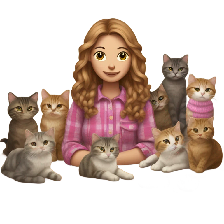 Woman with long light brown hair and a pink streak wearing a flannel shirt knitting and surrounded by cats emoji