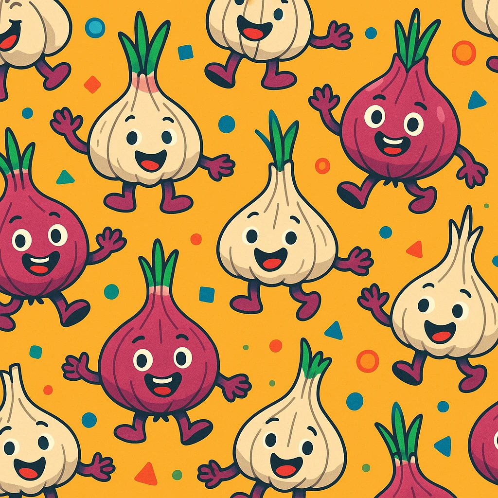animated onion and garlic characters, seamless background, playful, vibrant colors emoji