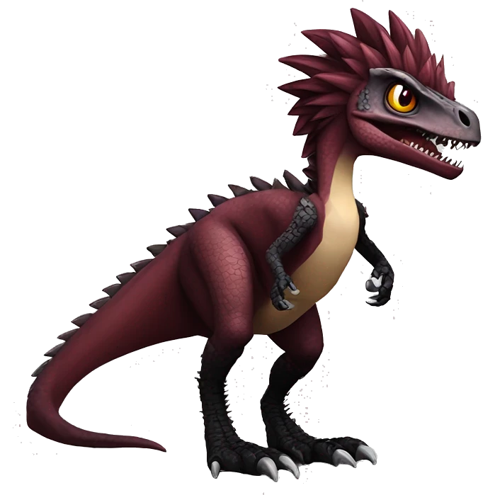 Maroon edgy badass modern sexy handsome punk velociraptor-dragon-Digimon, with black spiky mane, full body emoji