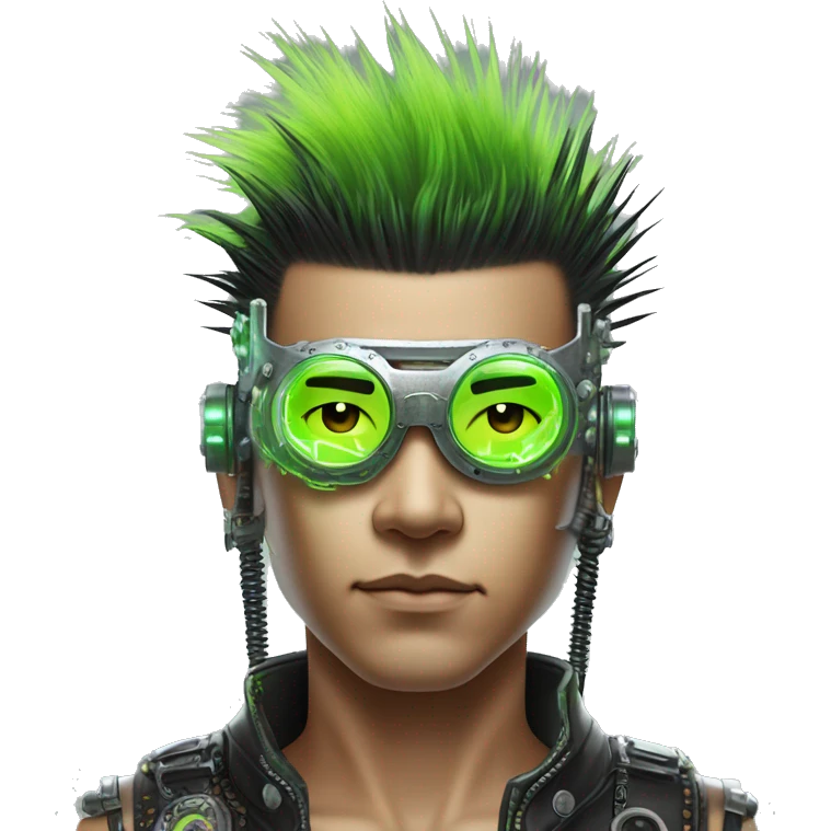 Mohawk hair with neon green highlights Asian male cyborg head with neon silver steampunk goggles and circuits emoji