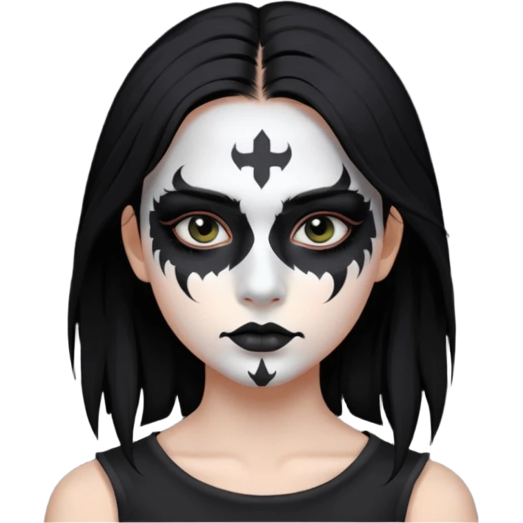 Crea una ragazza con stile black metal,  paint face black metal, capelli neri mossi dalle spalle e occhi bianchi emoji