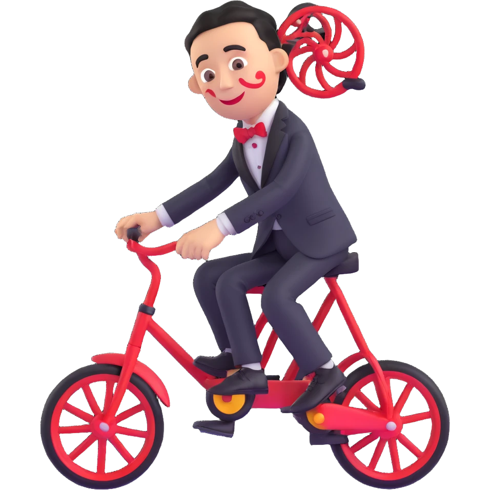 Saw puppet, 3D emoji style, glossy finish, red spirals on cheeks, black suit, red bow tie, tricycle emoji