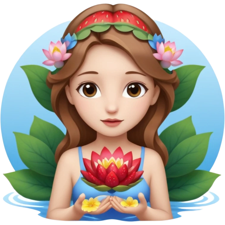 یه دختر زیبا با موهای قهوه ای روشن که مثل یک فرشته است و تازه متولد شده به همراه گل نیلوفر لای موهاش بالای گوشش و همراه با نیلوفرهای آبی و یک گل نیلوفر ترکیب شده با توت فرنگی در دست راستش. در ماه زیبا و بزرگ به وجود  آمده emoji