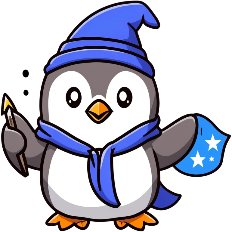 A penguin in a blue wizard robe and pointy hat with stars, casting a magical spell emoji