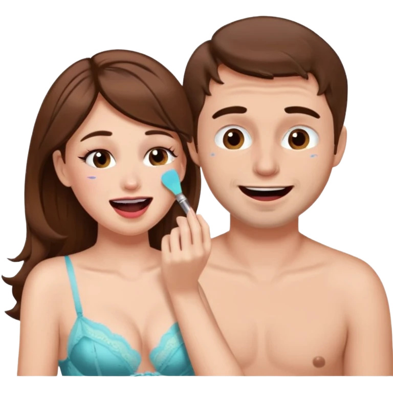 brown hair male getting sissified in lingerie dress by his wife. the wife is crying with laughter. she is doing makeup emoji