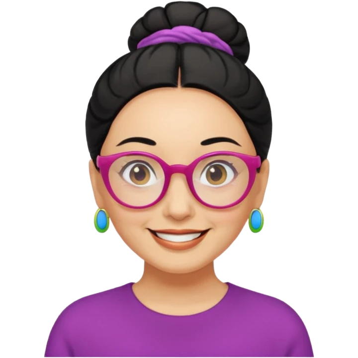 light skin middle aged with low bun in one black hair with multi colored glasses emoji