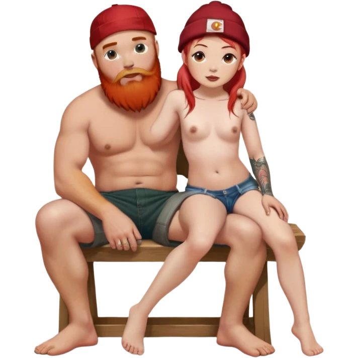 Large tattooed white guy with blonde hair and a red beard, sitting with a small Asian girl with red hair wearing a carhart hat. The are both naked, she has her legs spread with his dick pushing into her. emoji