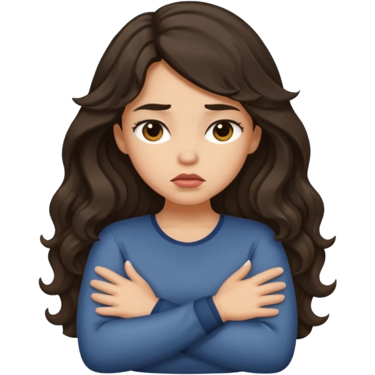 Light tan girl with dark, long, wavy hair crossing her arms and pouting emoji