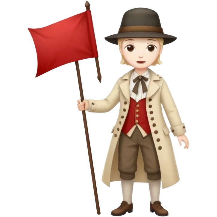 full body 18th century protester, period clothing, hat, holding a banner, expressive face emoji