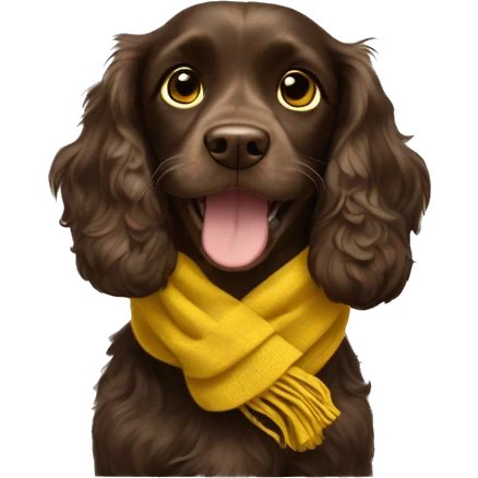 Happy dark brown cocker spaniel in a yellow scarf  emoji