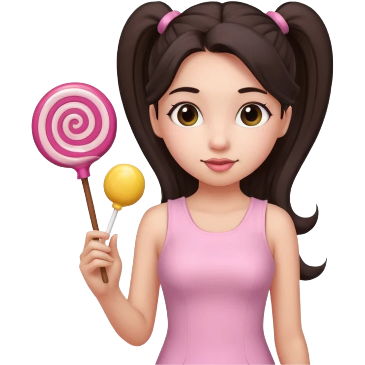 Girl with long dark ponytails wearing light pink bodycon dress holding a lollipop emoji