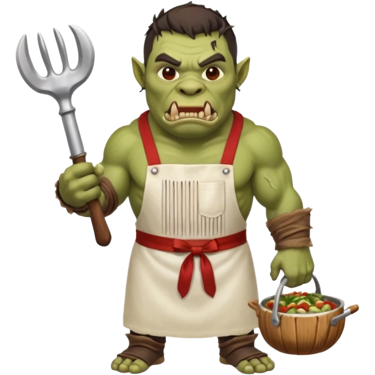 orc make Apron with "Kiss the Cook" (scratched out, replaced with "Fear the Cook"), giant rib bone as a weapon. emoji