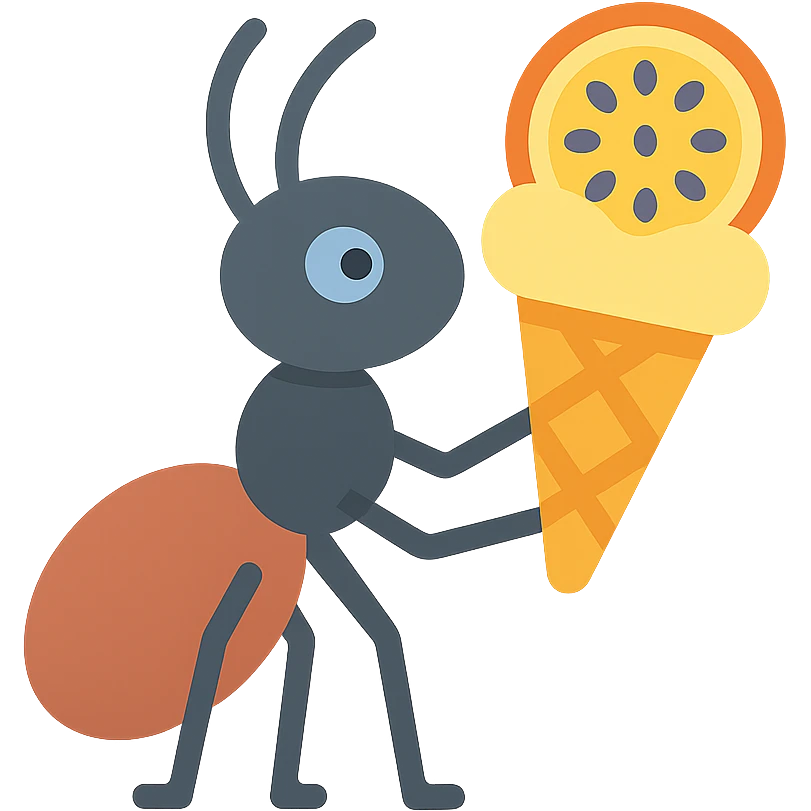 icon of an ant eating passion fruit ice cream, flat modern style emoji