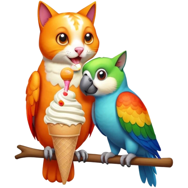 Parrot eating an ice cream on top of an orange cat emoji