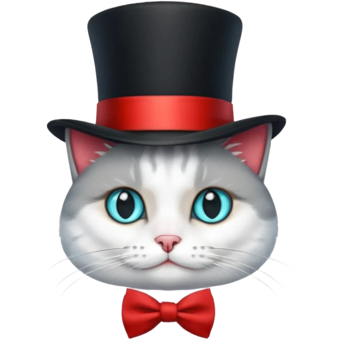  Kater in grau weiß, mit schwarzem Zylinder, der eine rote Banderole auf dem Kopf hat, der etwas schräg ist, so dass nur ein Ohr zu sehen ist. Der Kater schaut gerade nach vorne und am Hals hat er eine kleine, rote Schleife. Die Augen sind türkisfarben am funkeln mit kleinen, weißen Lichtreflexen. emoji