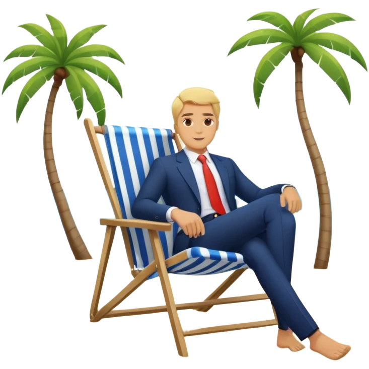 blonde man in business suit sitting in a beach chair on a tropical beach, vacation emoji