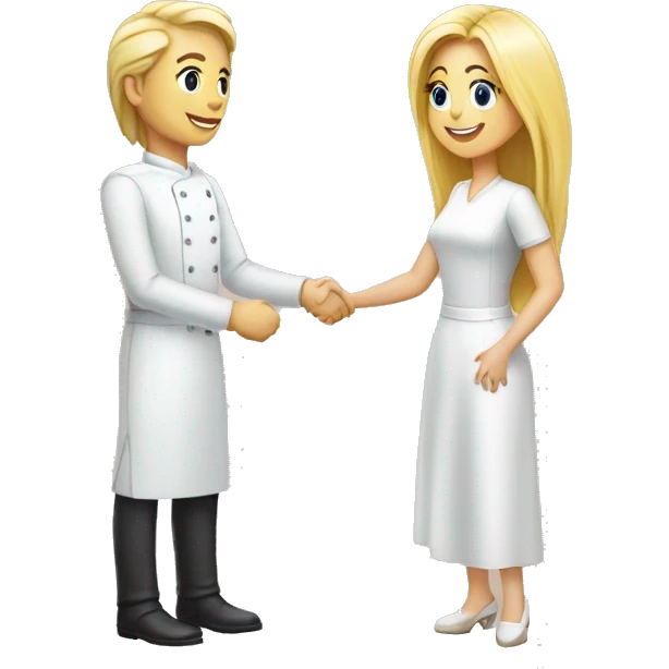 restaurant owner with white skin and blogger with white skin and blonde hair shaking hands in full height emoji