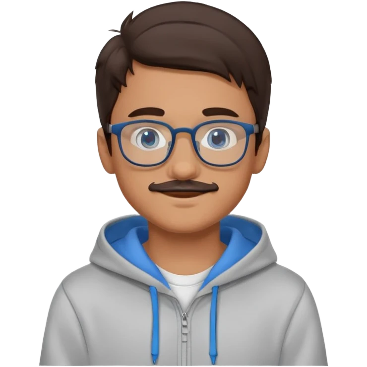 A boy with dark brown hair slightly tanned skin glasses blue eyes nice smile and a little moustache in a grey hoodie emoji