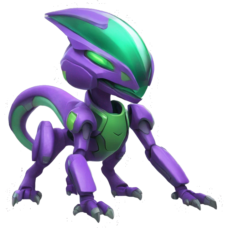 a purple-green Genesect-Raptor-Fakémon—hybrid with a futuristic visor-helmet full body emoji