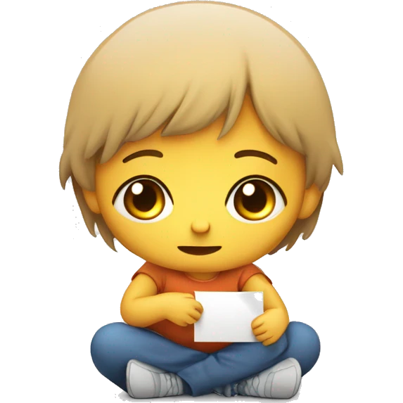 Design an emoji of a sad young child sitting on the ground, holding a sign that says "Help." The child should have basic features, with a vulnerable expression and a simple, relatable look. emoji